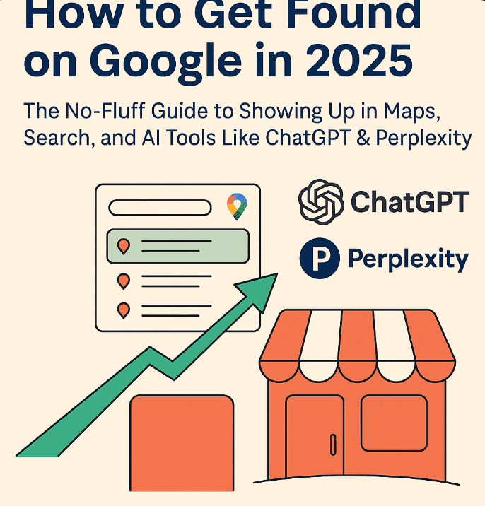Illustration of a local business climbing search results on Google Maps and AI tools like ChatGPT and Perplexity